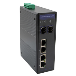 6端口工业以太网DIN导轨交换机，4个千兆RJ45 10/100 / 1000TX PoE 802.3at 30W /端口120W总预设功率，2个SFP 1000FX的图片