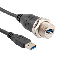 防水USB 3.0电缆组件，IP67面板安装金属A母插孔到标准A母插头，30 / 24AWG，PVC，黑色，1米的图片